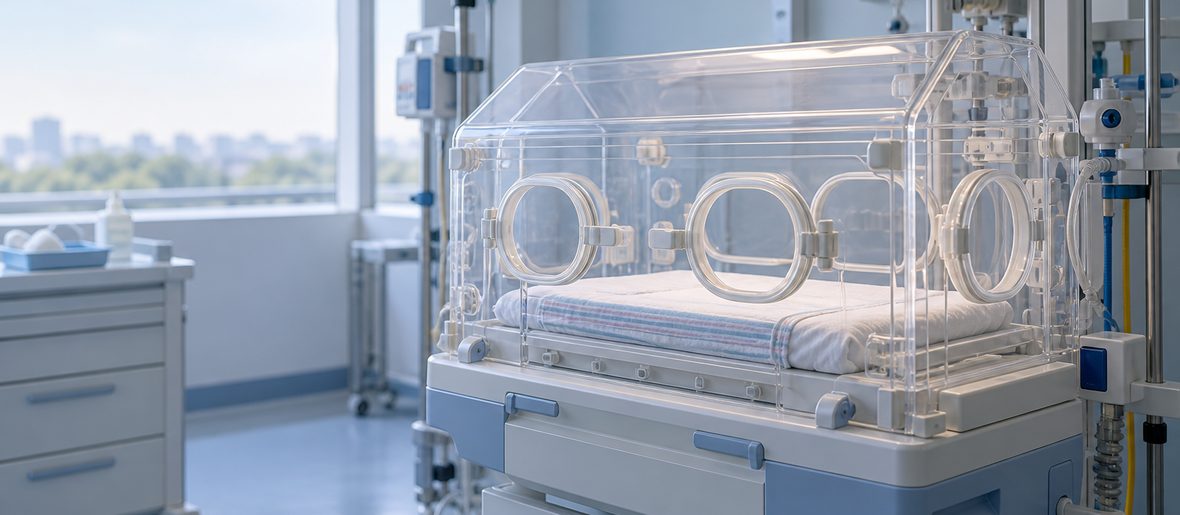 Conceptual editorial illustration: an empty neonatal incubator in a daylit care bay, showing the transparent canopy, the access portholes and the support fixtures beside it. No infant and no clinician are present.