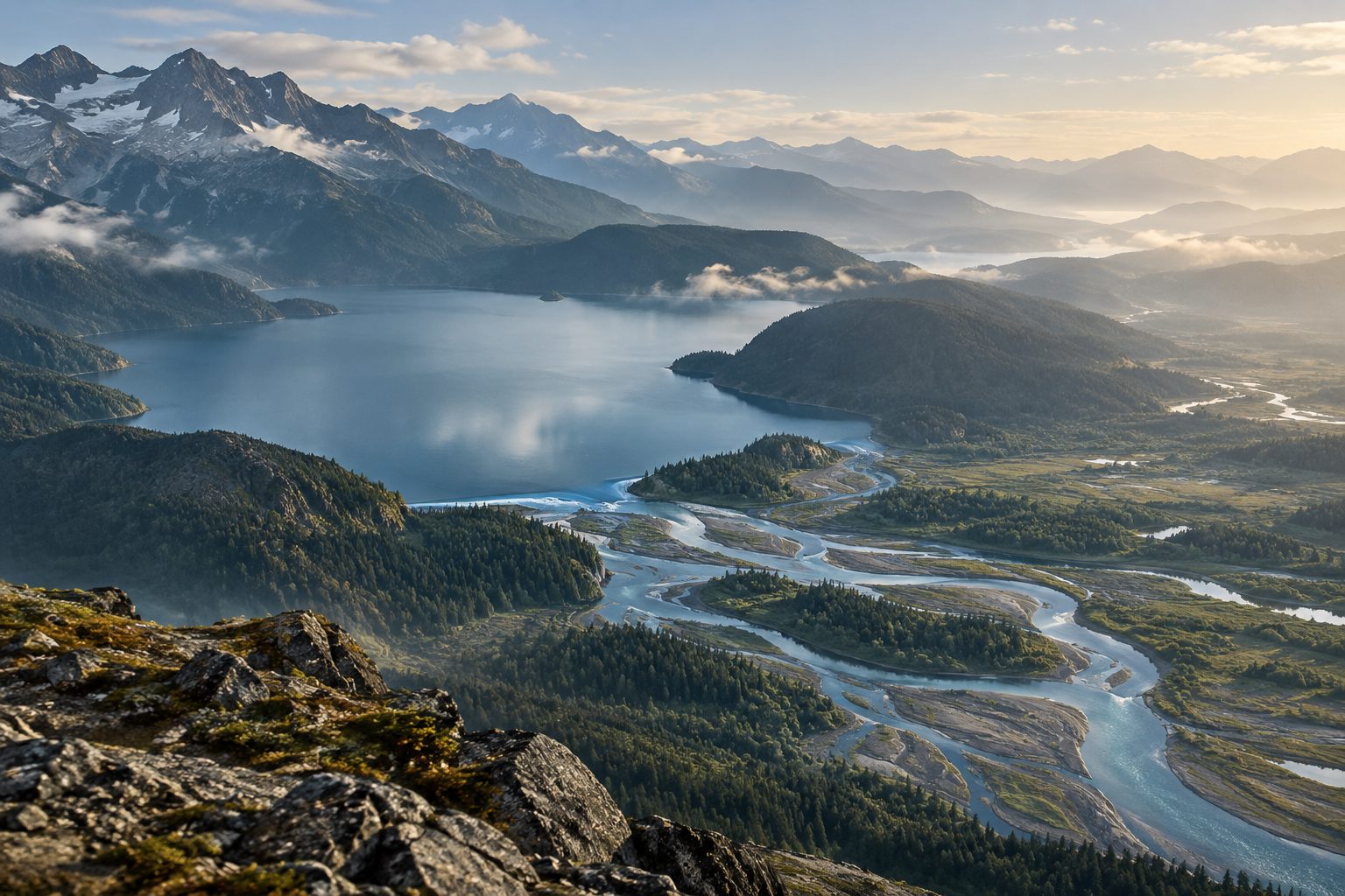 A high mountain lake in cloud above a wide valley, with a braided river spreading across the flats below it.